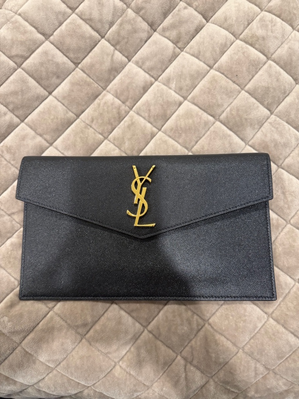 Saint Laurent Black Leather Envelope Clutch with Gold YSL Emblem
